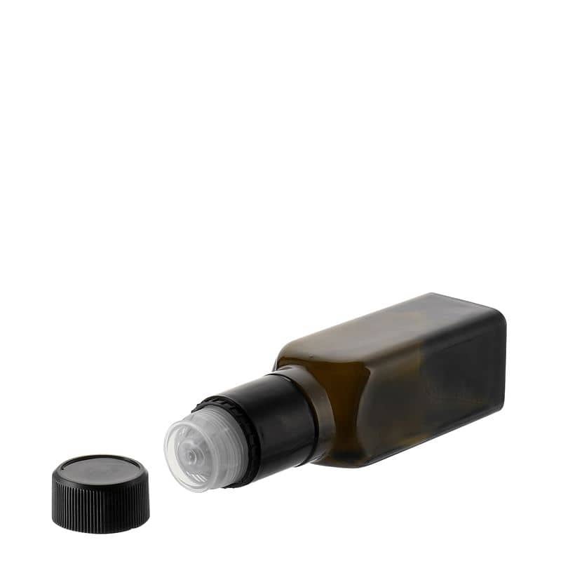 100 ml бутилка за оцет/олио „Quadra“, стъклена, квадратна, антично зелено, затваряне: без възможност за повторно пълнене