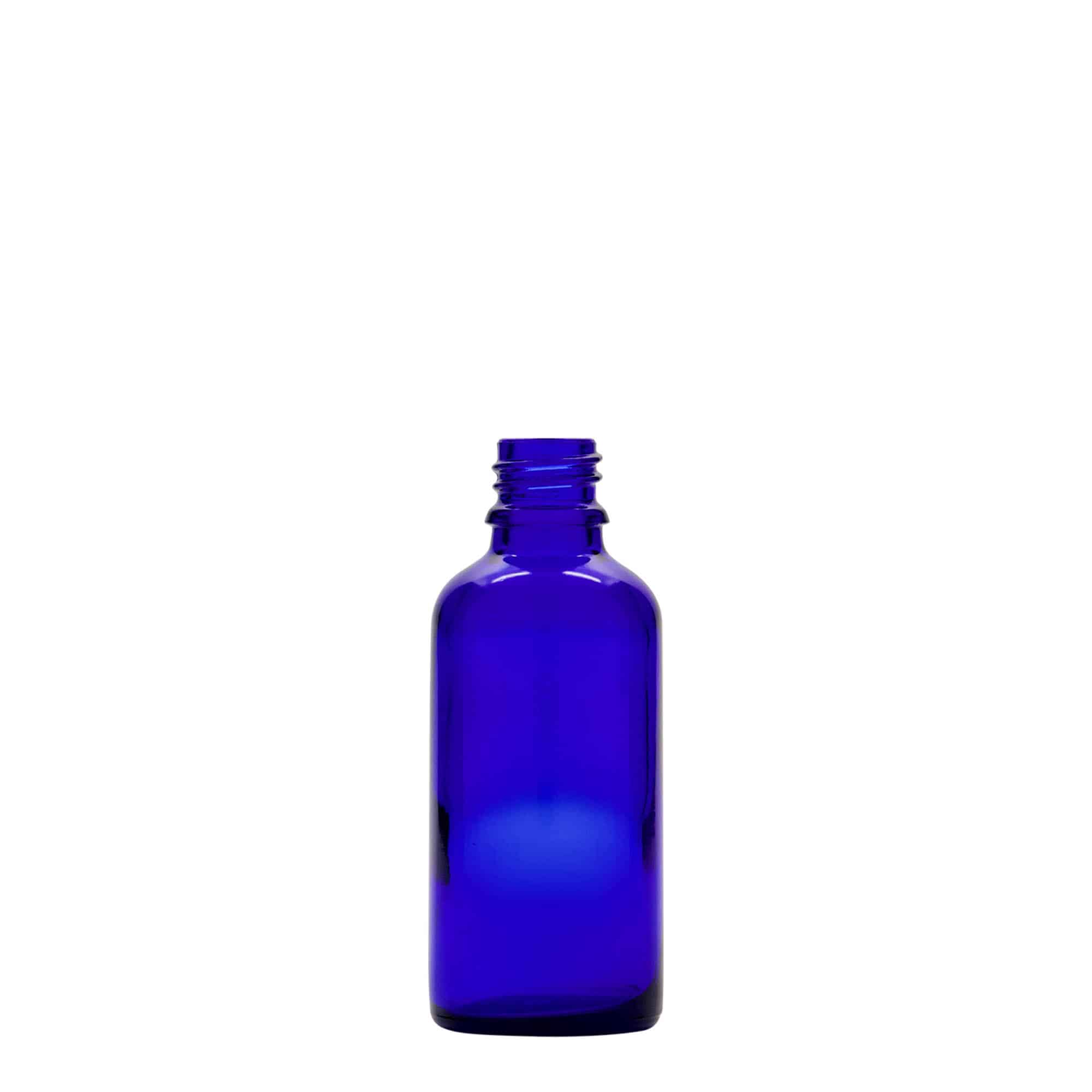 50 ml бутилка за лекарства с пипета, стъклена, кралско синьо-червена, затваряне: винтова капачка с резба DIN 18