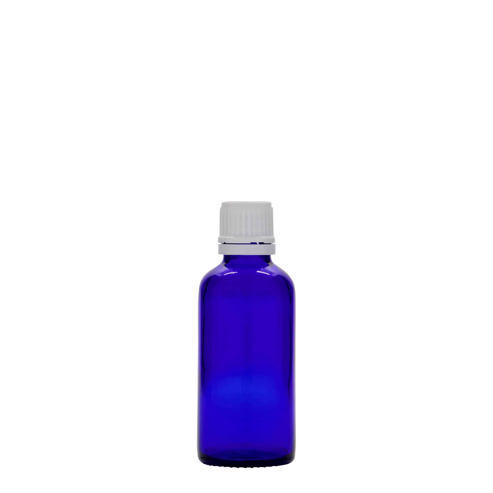 50 ml бутилка за лекарства, стъклена, кралско синьо, затваряне: винтова капачка с резба DIN 18