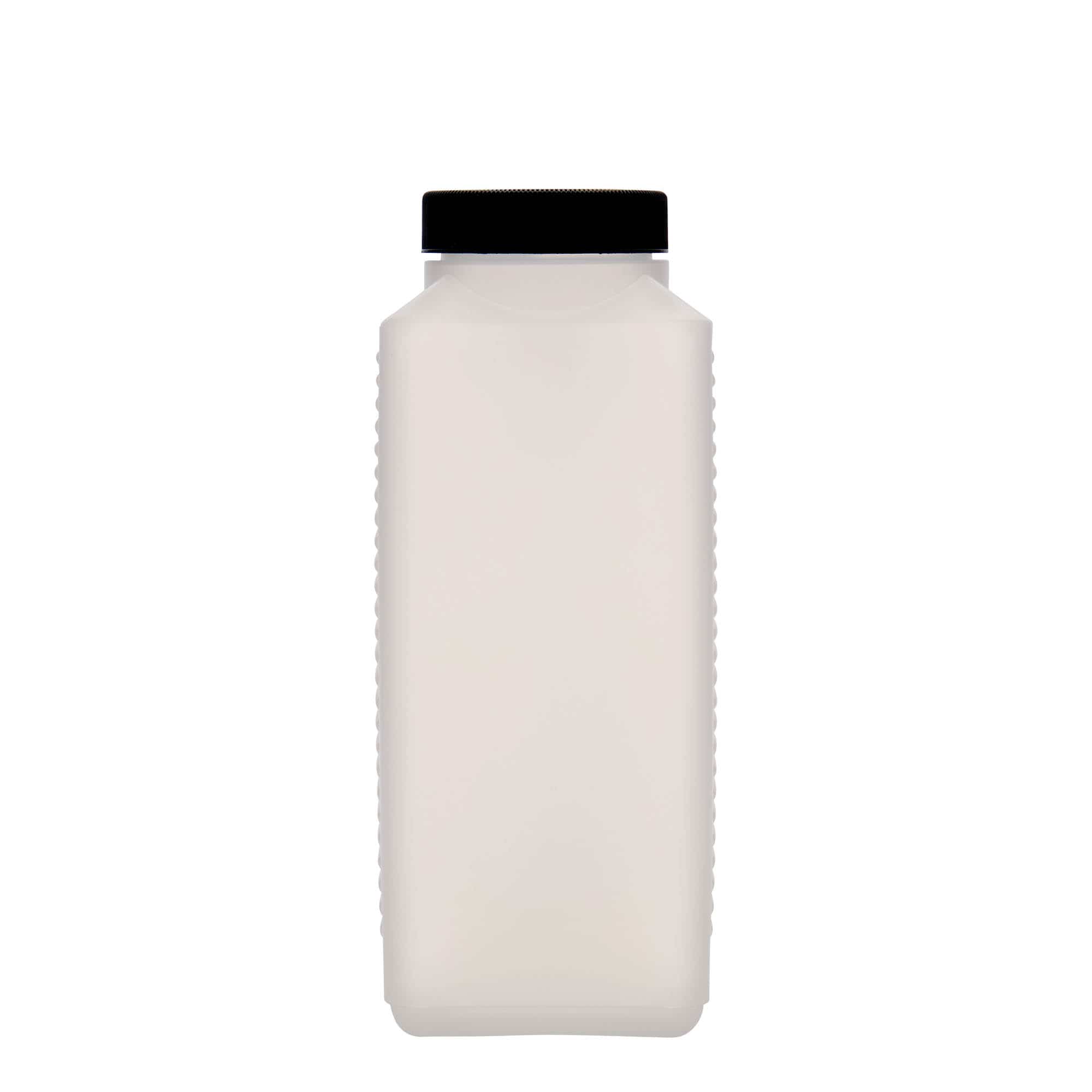 1000 ml бутилка с широко гърло, правоъгълна, пластмаса HDPE, естествен цвят, затваряне: винтова капачка с резба DIN 60 EPE