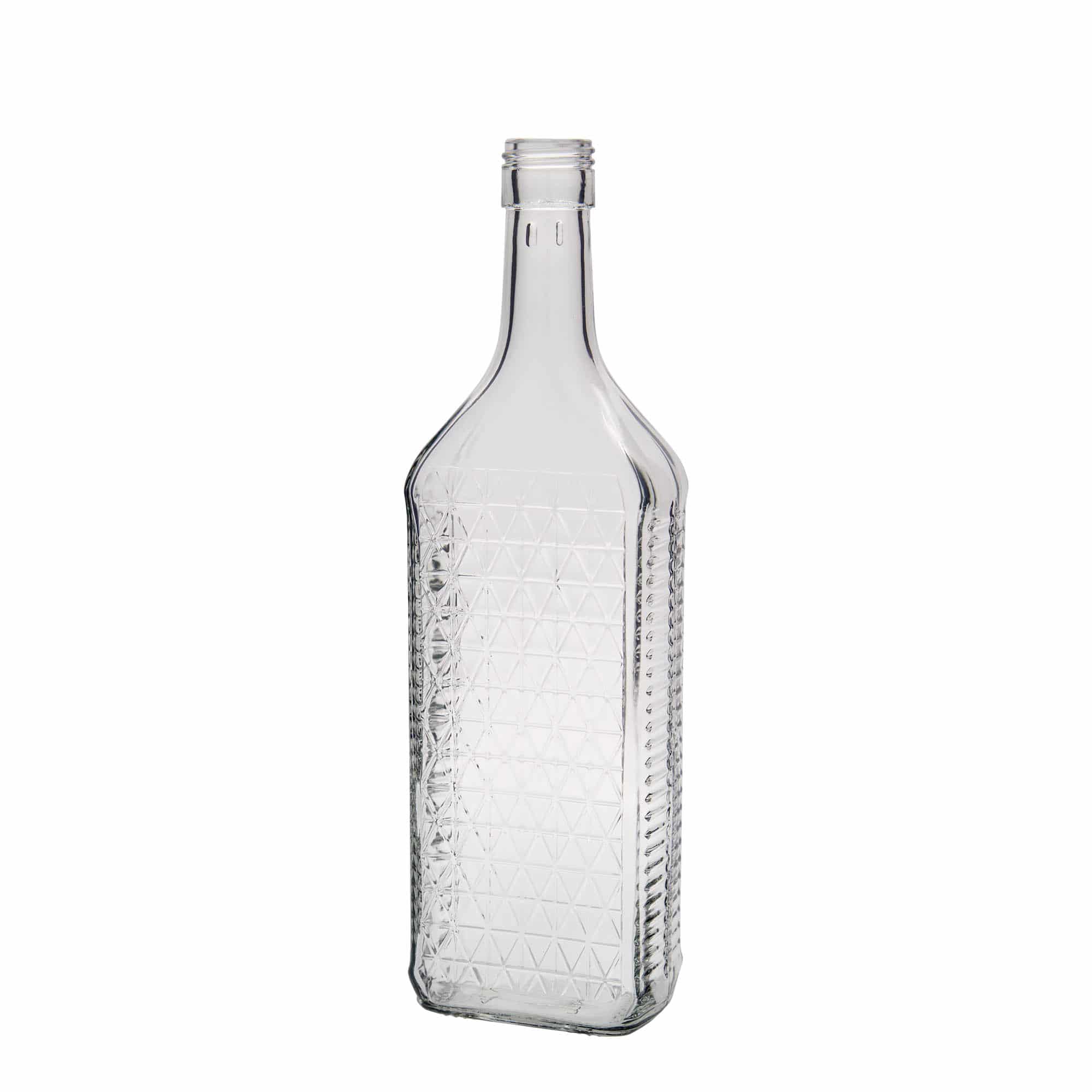 700 ml стъклена бутилка „Caruso“, правоъгълна, затваряне: капачка PP 31,5