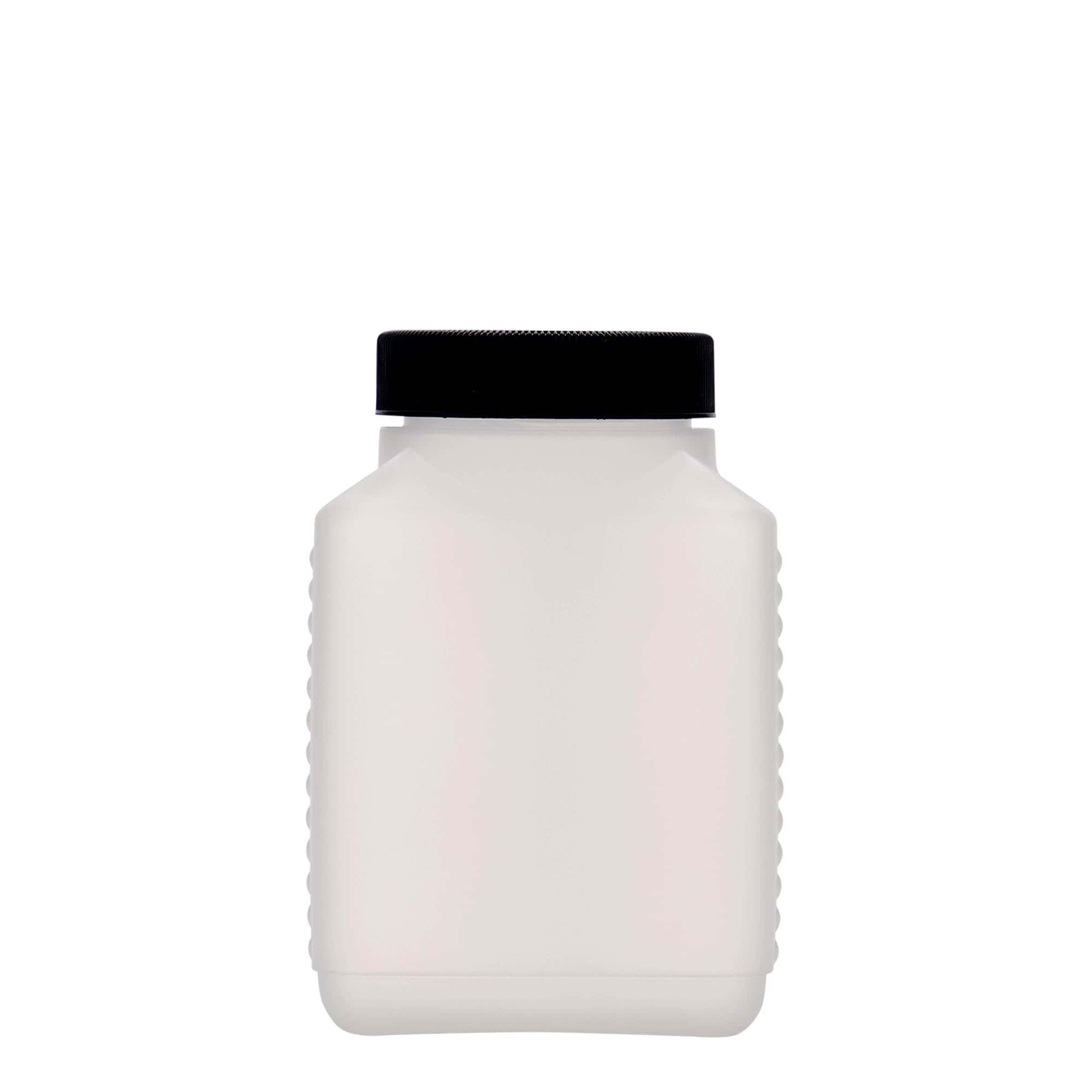 500 ml бутилка с широко гърло, правоъгълна, HDPE пластмаса, естествен цвят, затваряне: винтова капачка с резба DIN 60 EPE