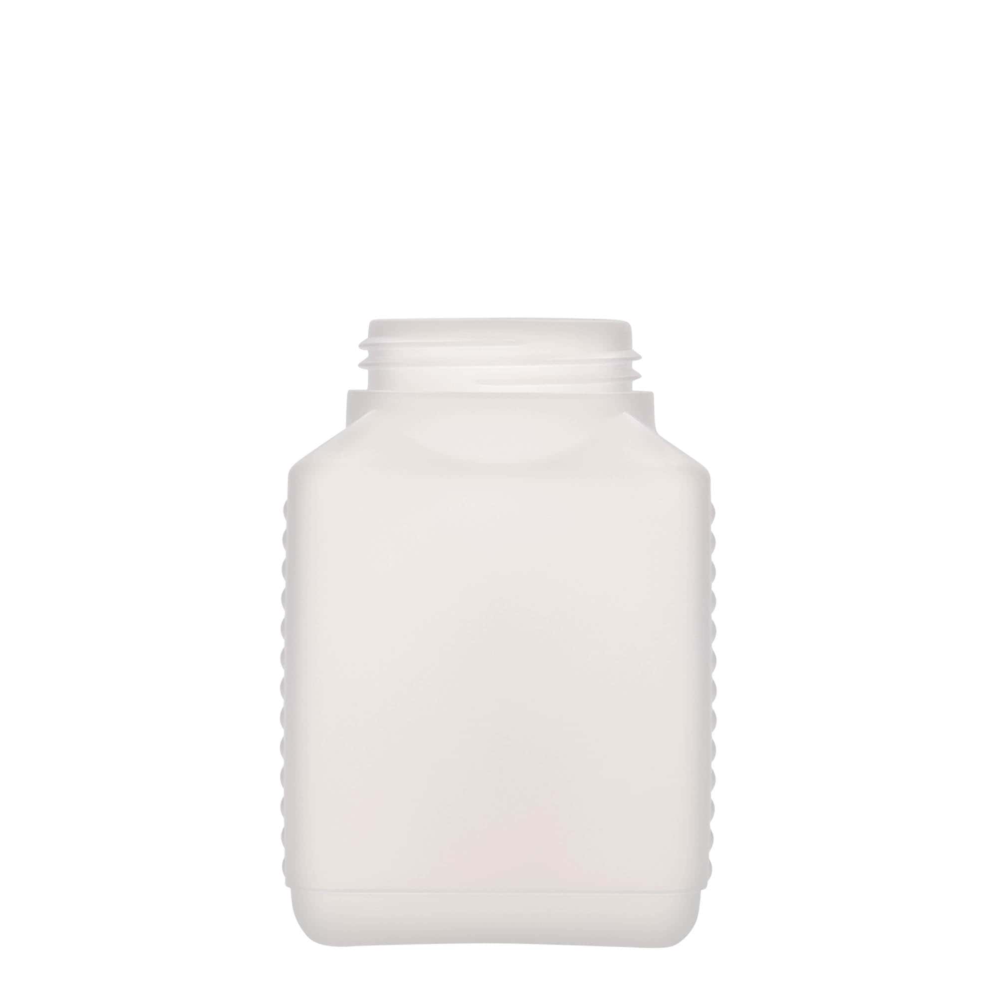 500 ml бутилка с широко гърло, правоъгълна, HDPE пластмаса, естествен цвят, затваряне: винтова капачка с резба DIN 60 EPE
