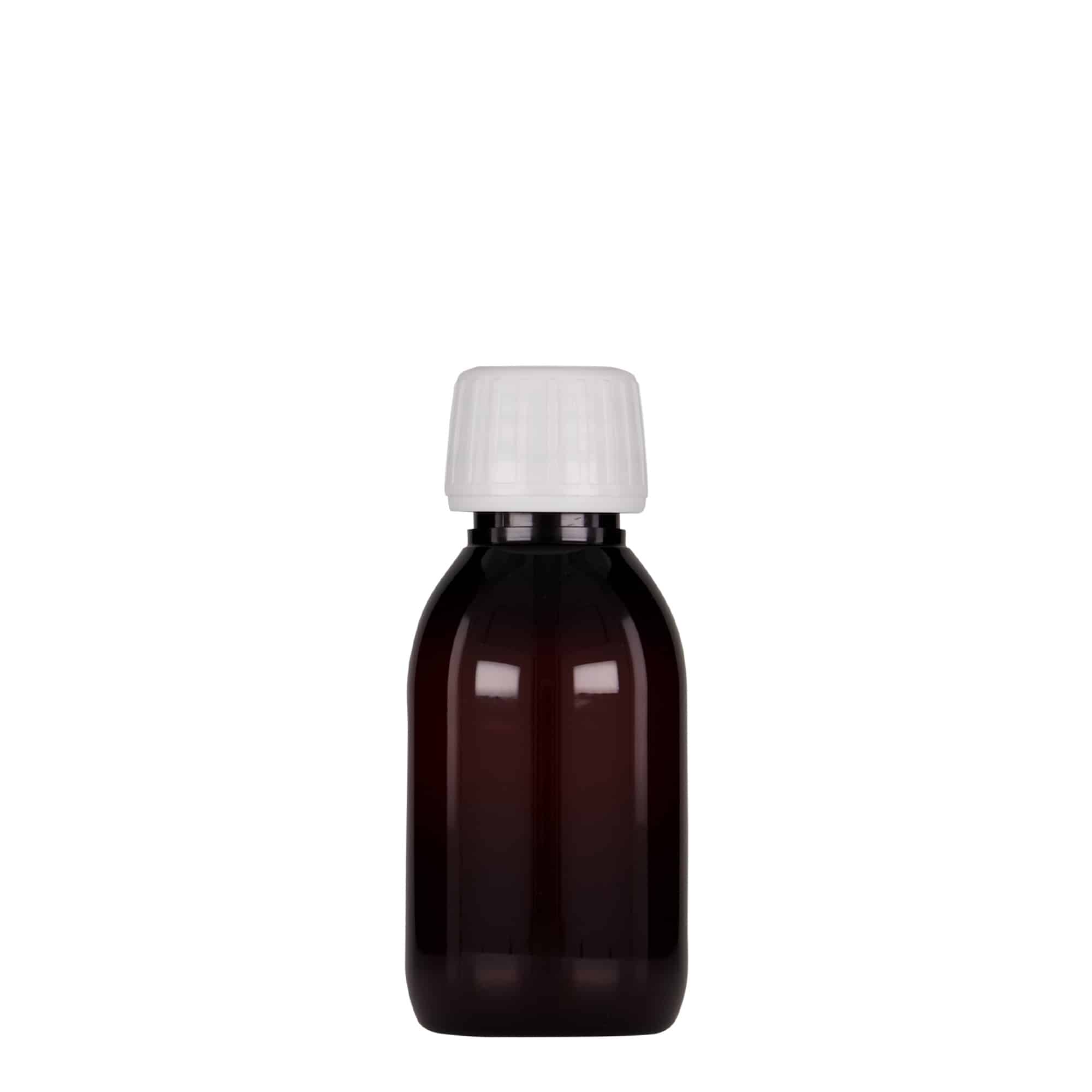 100 ml PET бутилка за лекарства, кафява, пластмасова, затваряне:: капачка PP 28