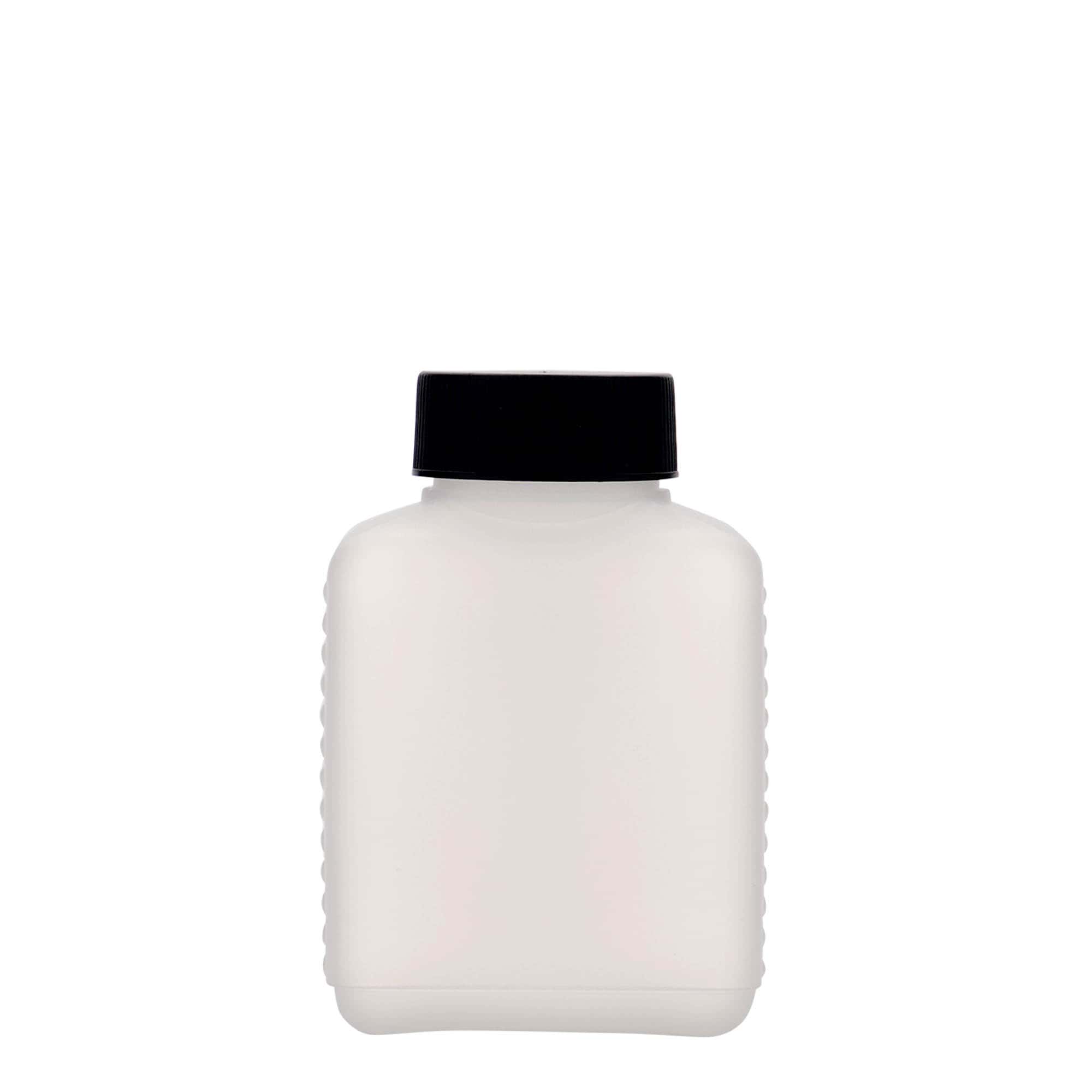 250 ml бутилка с широко гърло, правоъгълна, HDPE пластмаса, естествен цвят, затваряне: винтова капачка с резба DIN 40 EPE