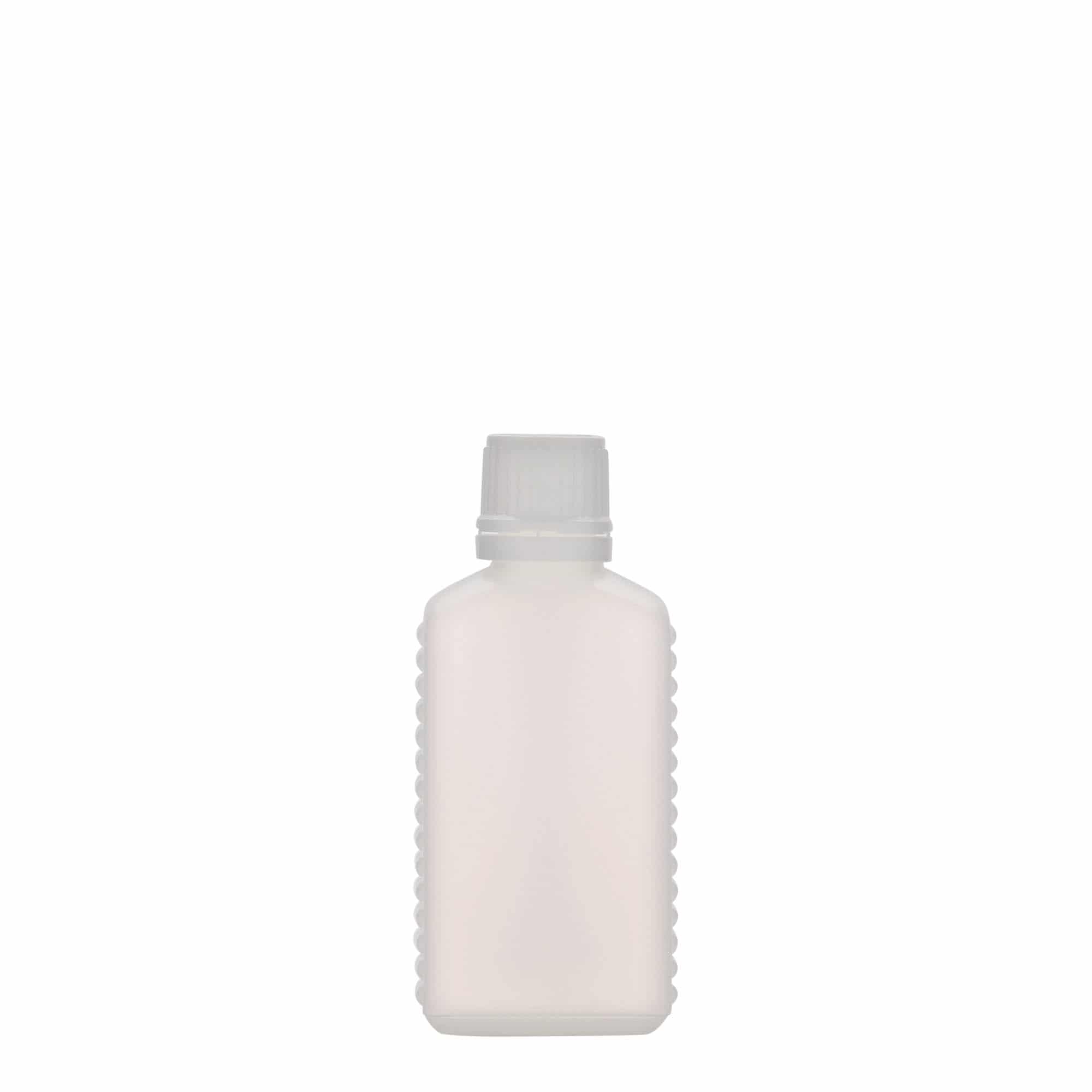 50 ml бутилка тип туба с тясно гърло, правоъгълна, HDPE пластмаса, естествен цвят, затваряне: винтова капачка с резба DIN 18