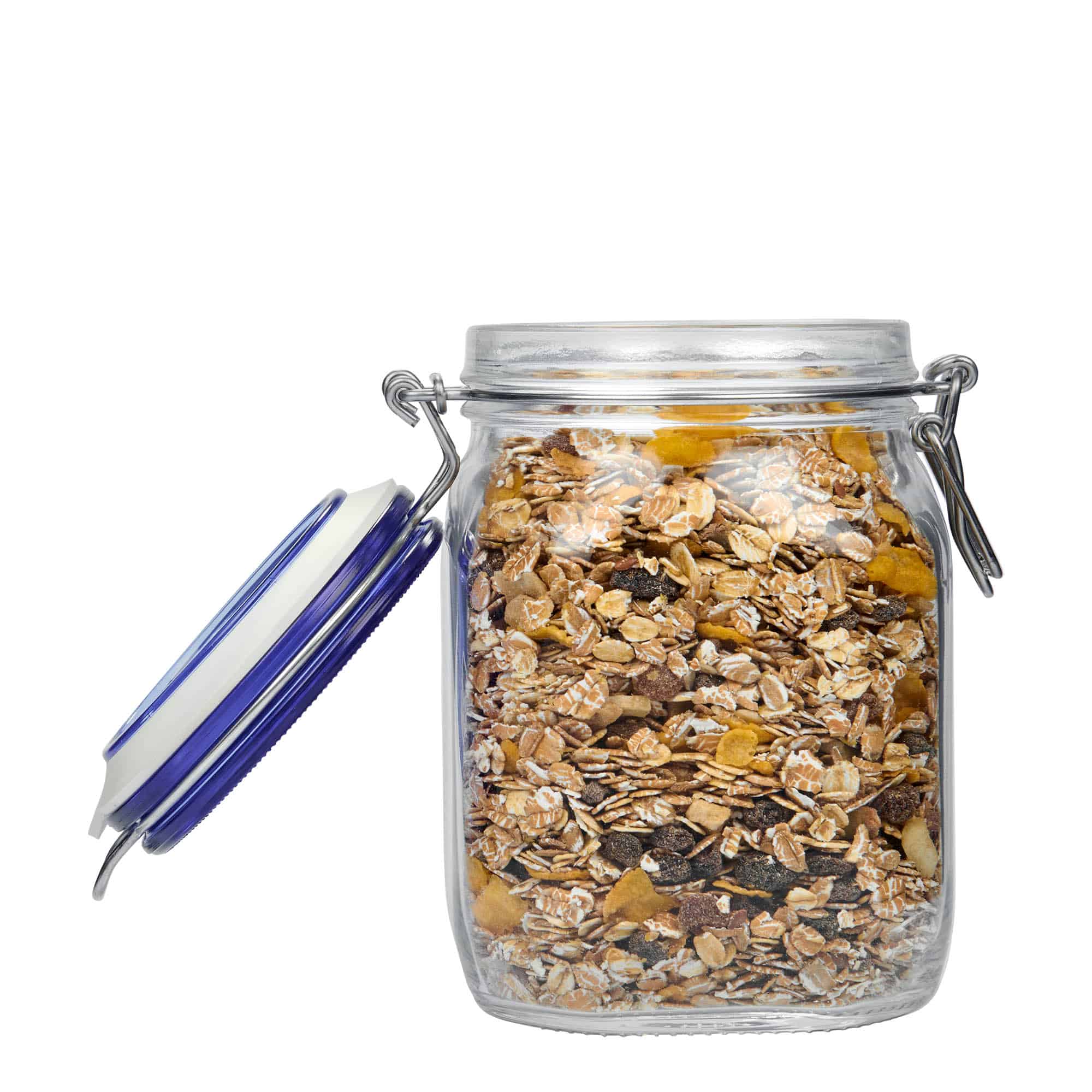 1.000 мл стъклен буркан с метална скоба 'Fido' с син капак, квадратен, отвор: метална скоба