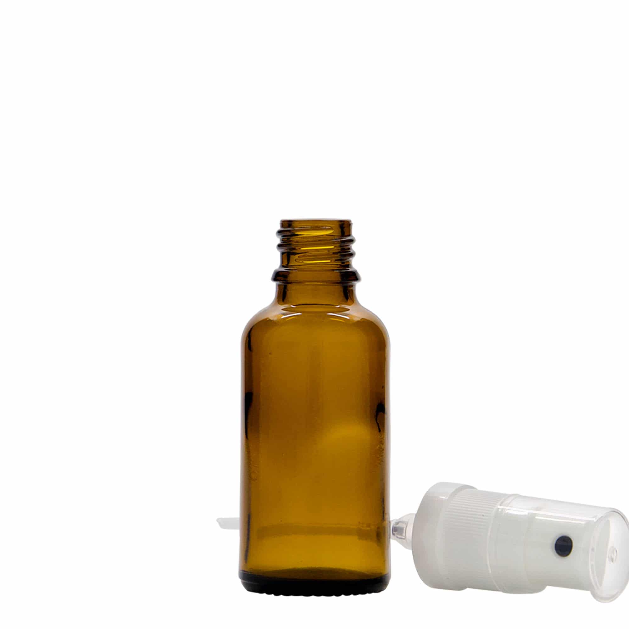 30 ml спрей бутилка за лекарства, стъклена, кафява, затваряне: винтова капачка с резба DIN 18