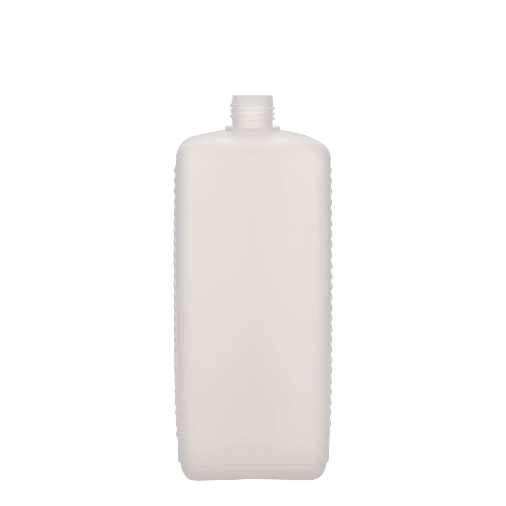 1000 ml бутилка тип туба, правоъгълна, HDPE пластмаса, естествен цвят, затваряне: винтова капачка с резба DIN 25 EPE