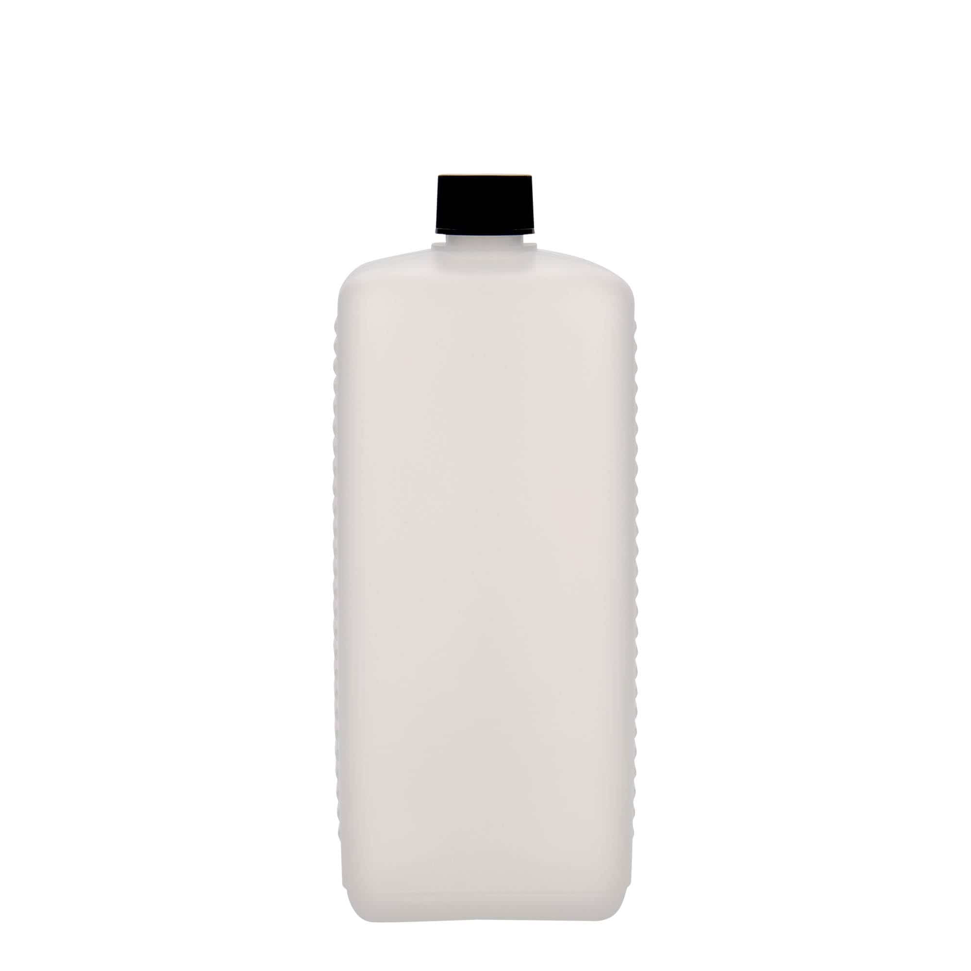 1000 ml бутилка тип туба, правоъгълна, HDPE пластмаса, естествен цвят, затваряне: винтова капачка с резба DIN 25 EPE
