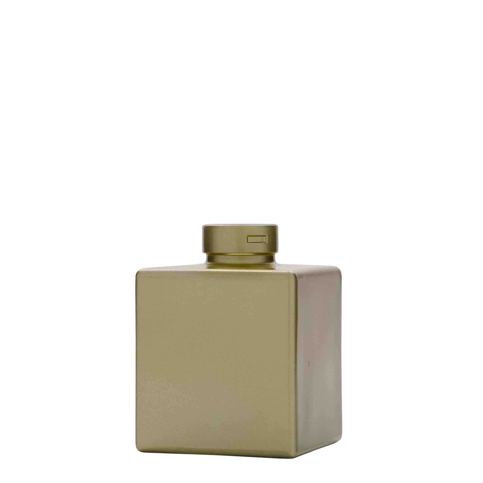 100 ml стъклена бутилка „Cube“, квадратна, златиста, затваряне: коркова тапа