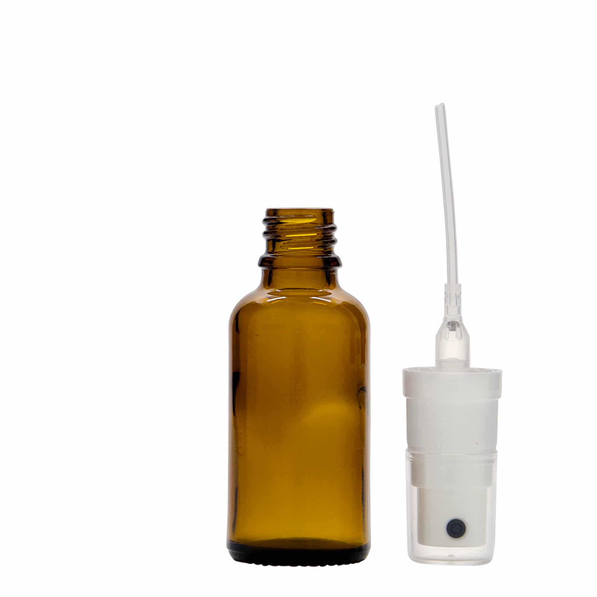 30 ml спрей бутилка за лекарства, стъклена, кафява, затваряне: винтова капачка с резба DIN 18