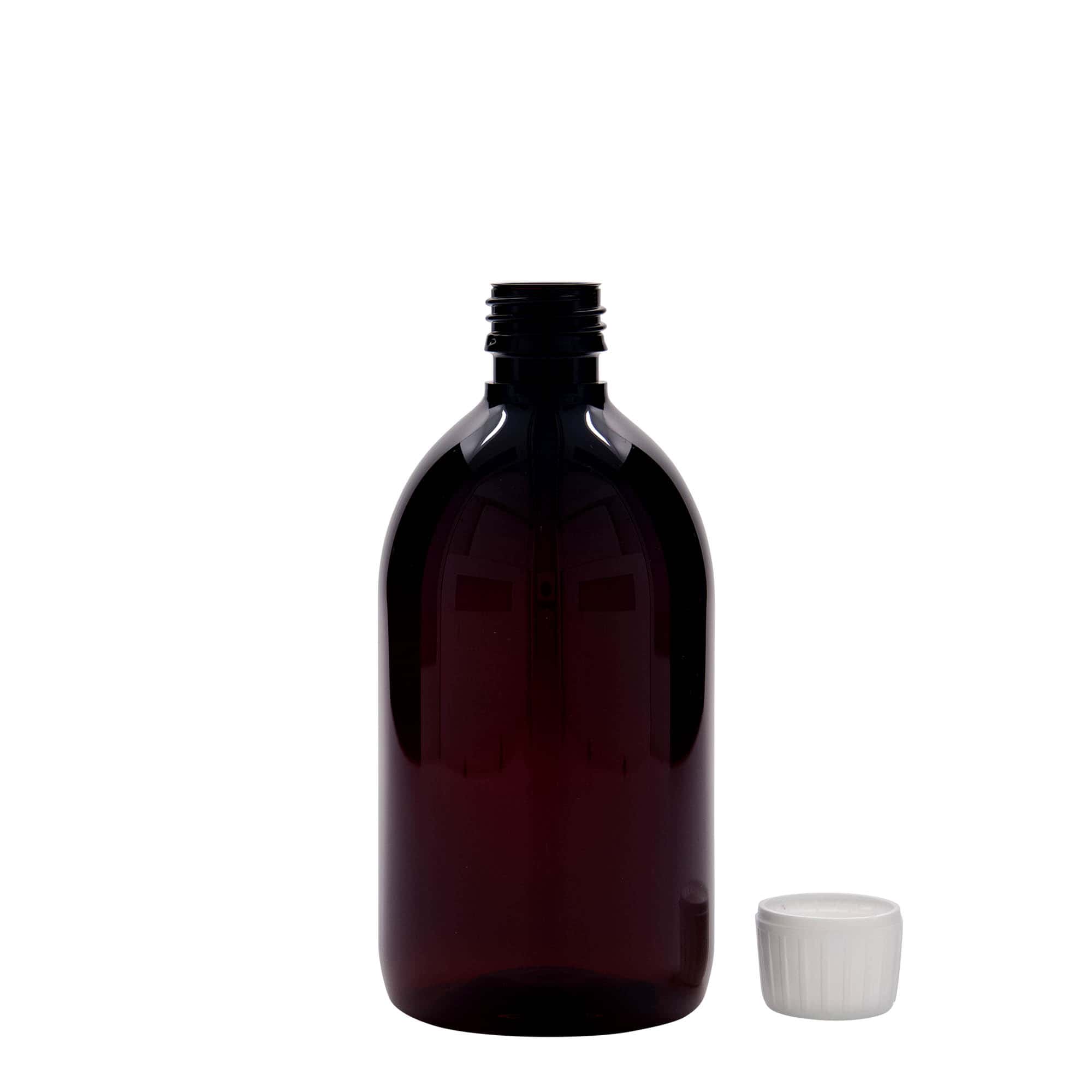 500 ml PET бутилка за лекарства, кафява, пластмасова, затваряне: капачка PP 28
