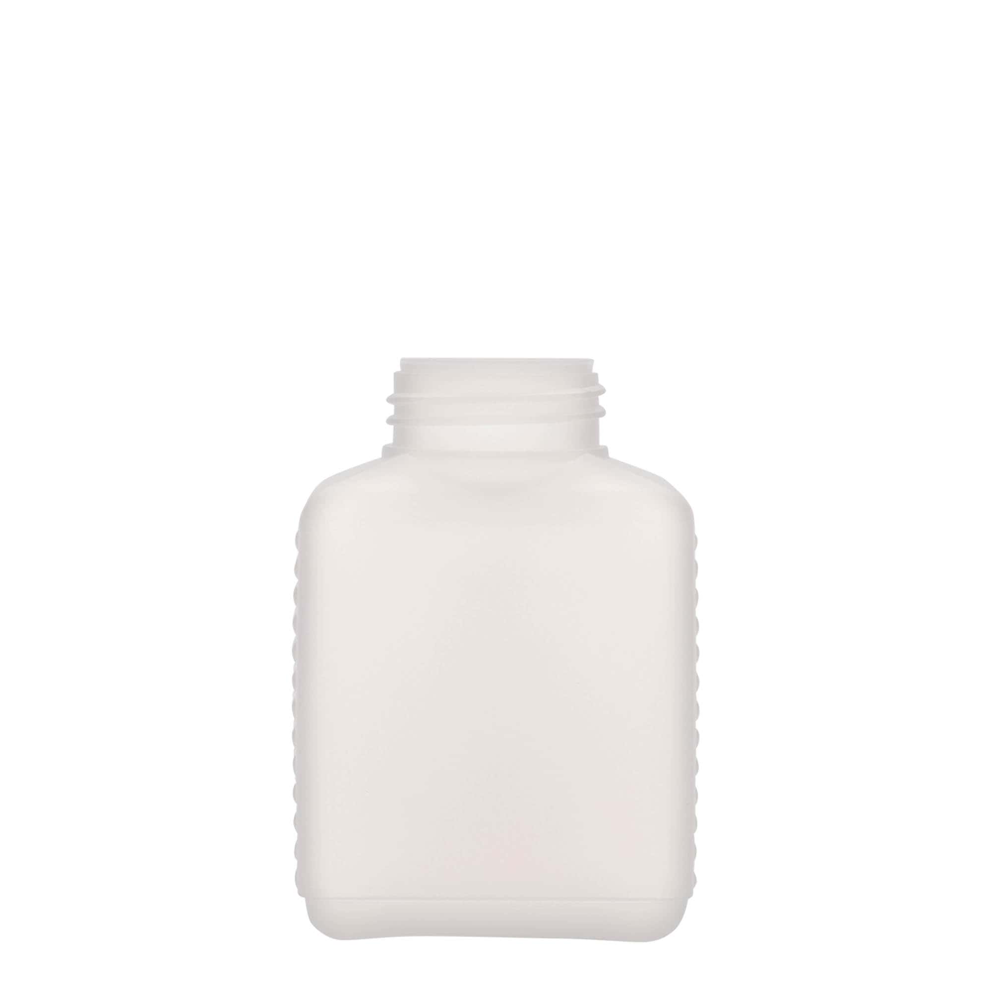 250 ml бутилка с широко гърло, правоъгълна, HDPE пластмаса, естествен цвят, затваряне: винтова капачка с резба DIN 40 EPE