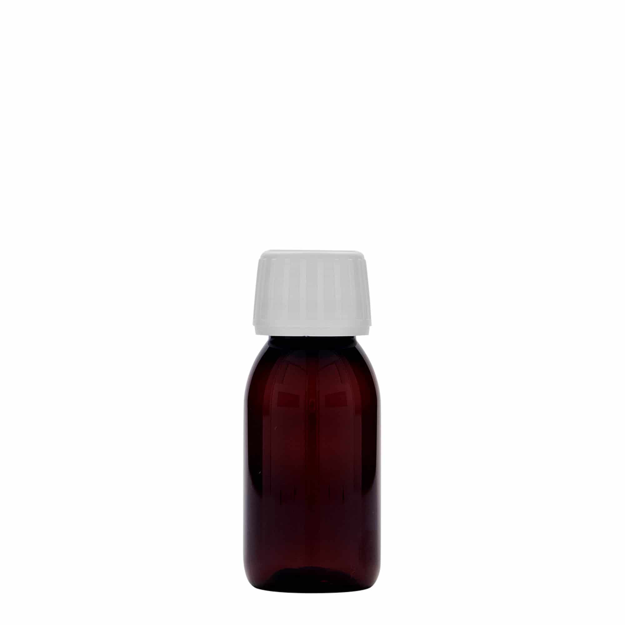 60 ml PET бутилка за лекарства, кафява, пластмасова, затваряне: капачка PP 28