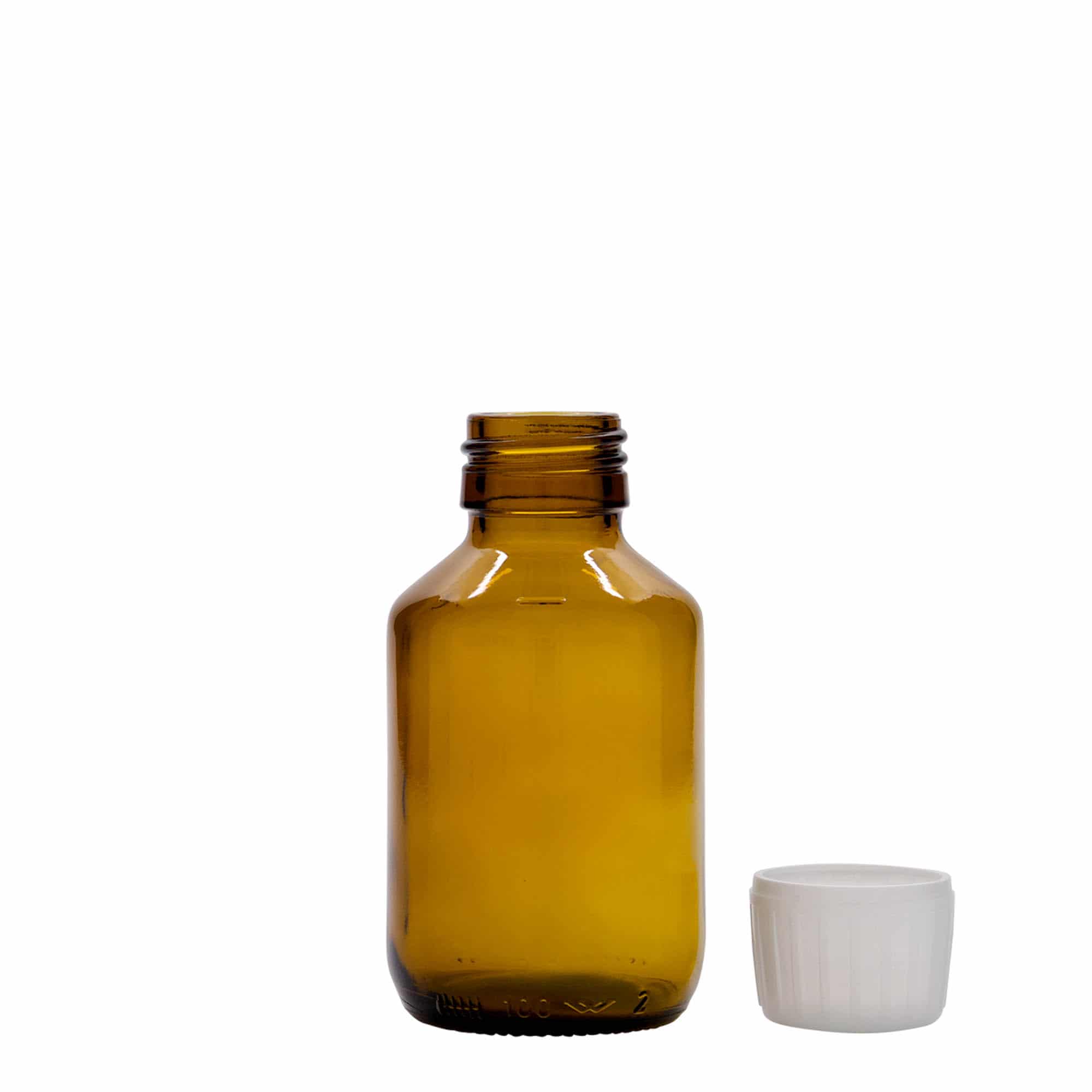 100 ml бутилка за лекарства, кафява, стъклена, затваряне: капачка PP 28