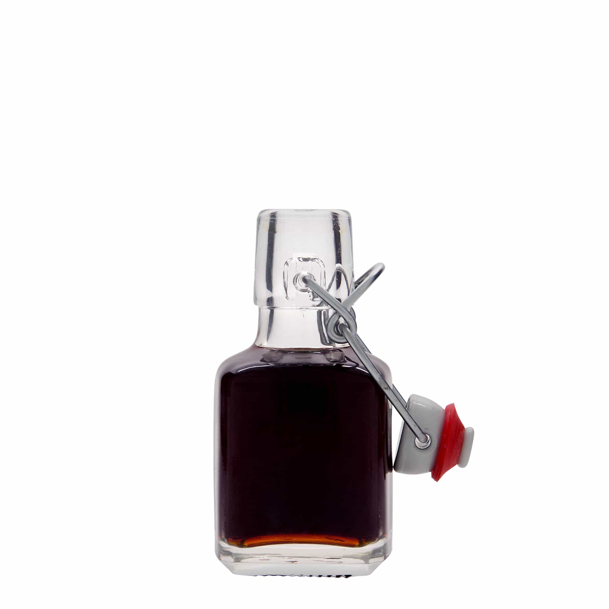 100 ml стъклена бутилка „Kubica“, квадратна, затваряне: тапа с клипс