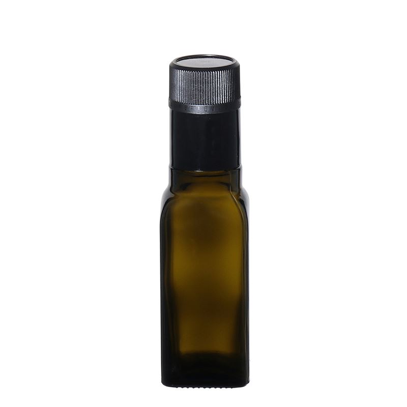 100 ml бутилка за оцет/олио „Quadra“, стъклена, квадратна, антично зелено, затваряне: без възможност за повторно пълнене