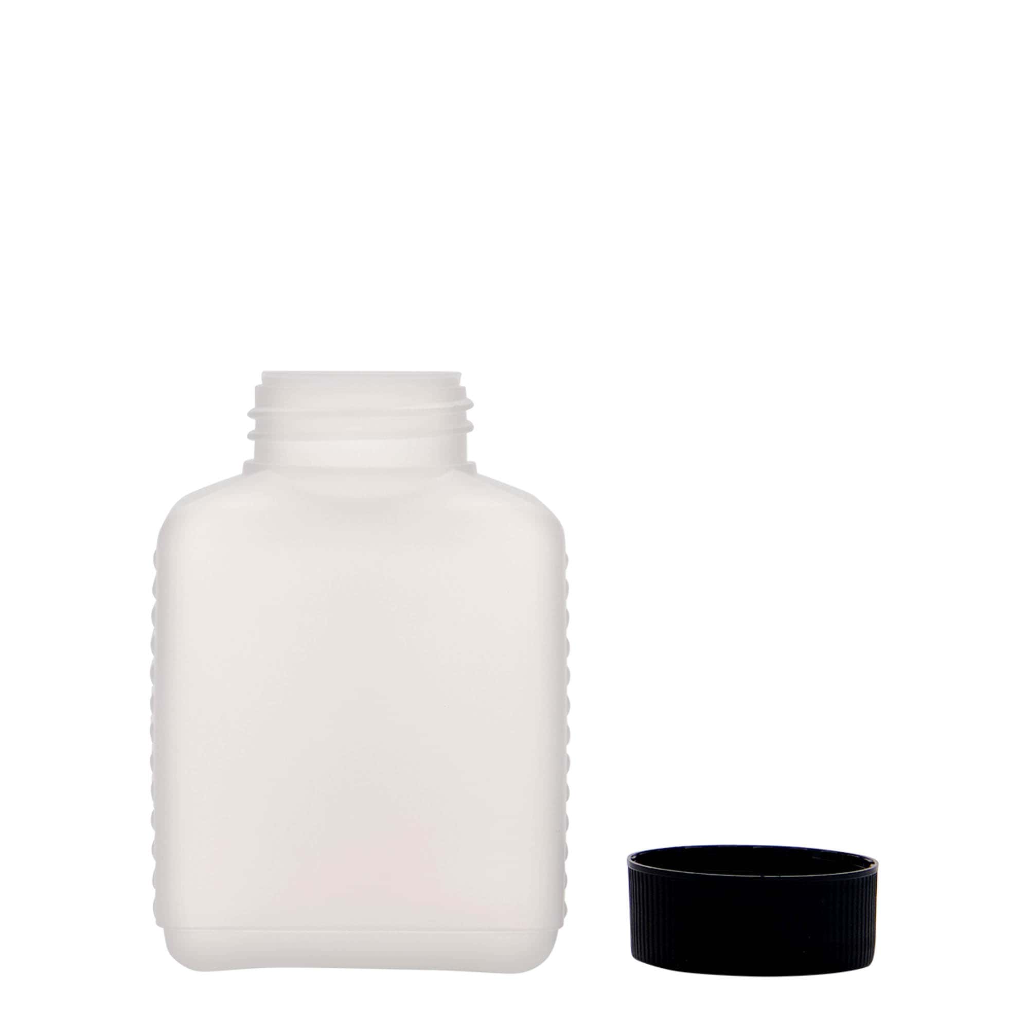 250 ml бутилка с широко гърло, правоъгълна, HDPE пластмаса, естествен цвят, затваряне: винтова капачка с резба DIN 40 EPE