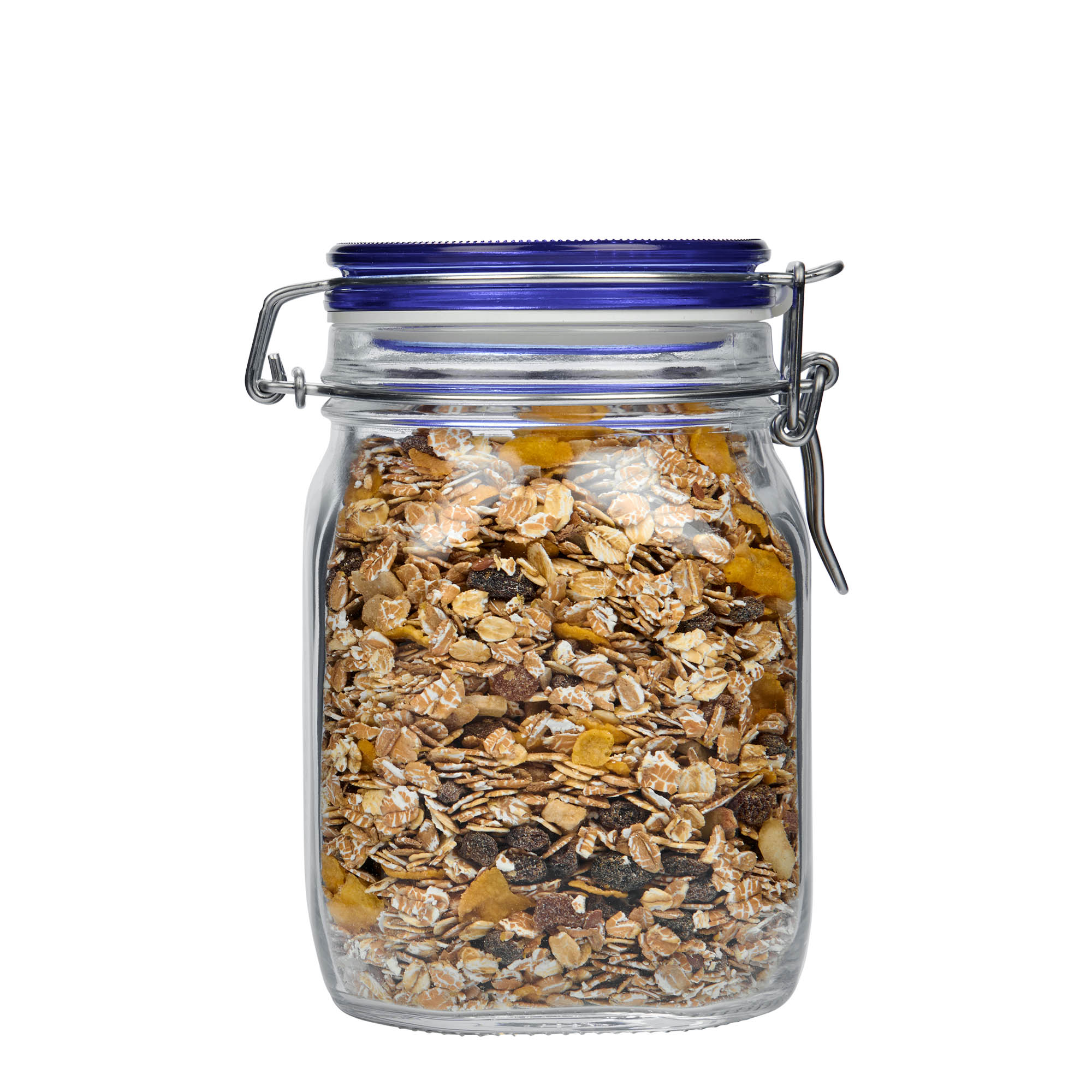 1.000 мл стъклен буркан с метална скоба 'Fido' с син капак, квадратен, отвор: метална скоба 1.000 мл стъклен буркан с метална скоба 'Fido' с син капак, квадратен, отвор: метална скоба