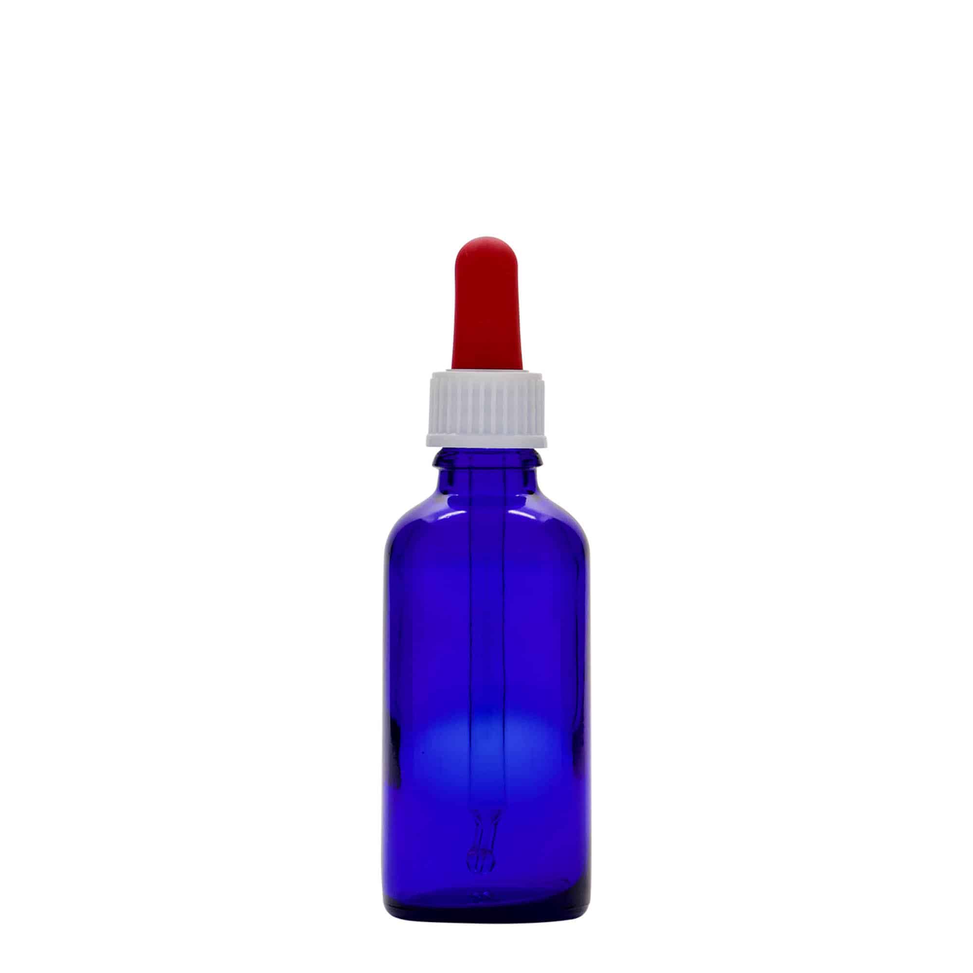 50 ml бутилка за лекарства с пипета, стъклена, кралско синьо-червена, затваряне: винтова капачка с резба DIN 18