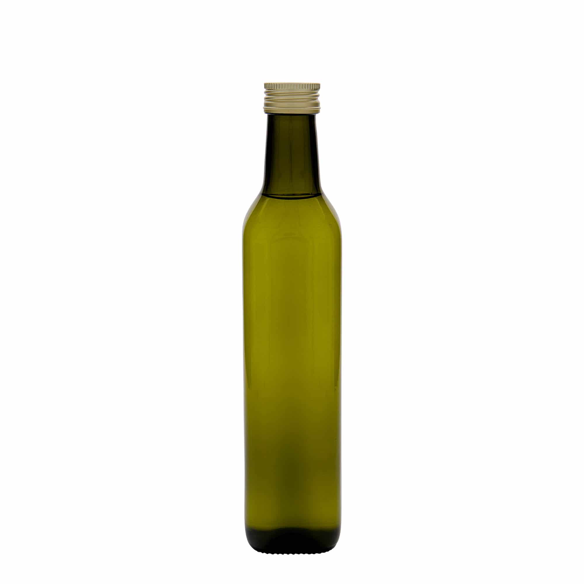 500 ml стъклена бутилка „Marasca“, квадратна, антично зелено, затваряне: капачка PP 31,5