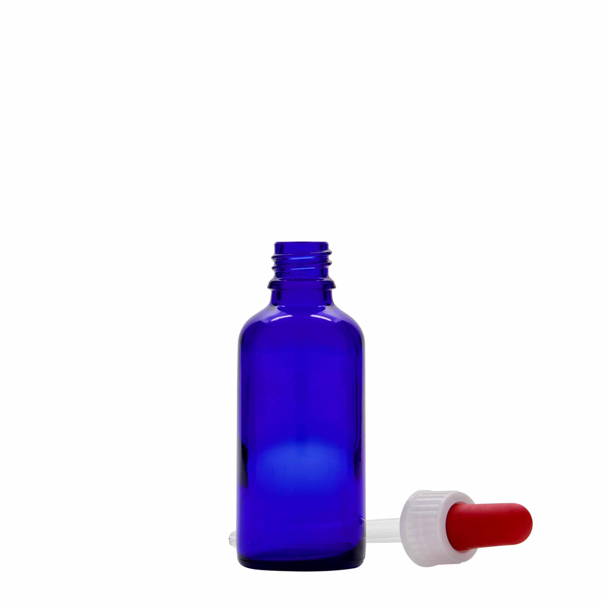 50 ml бутилка за лекарства с пипета, стъклена, кралско синьо-червена, затваряне: винтова капачка с резба DIN 18