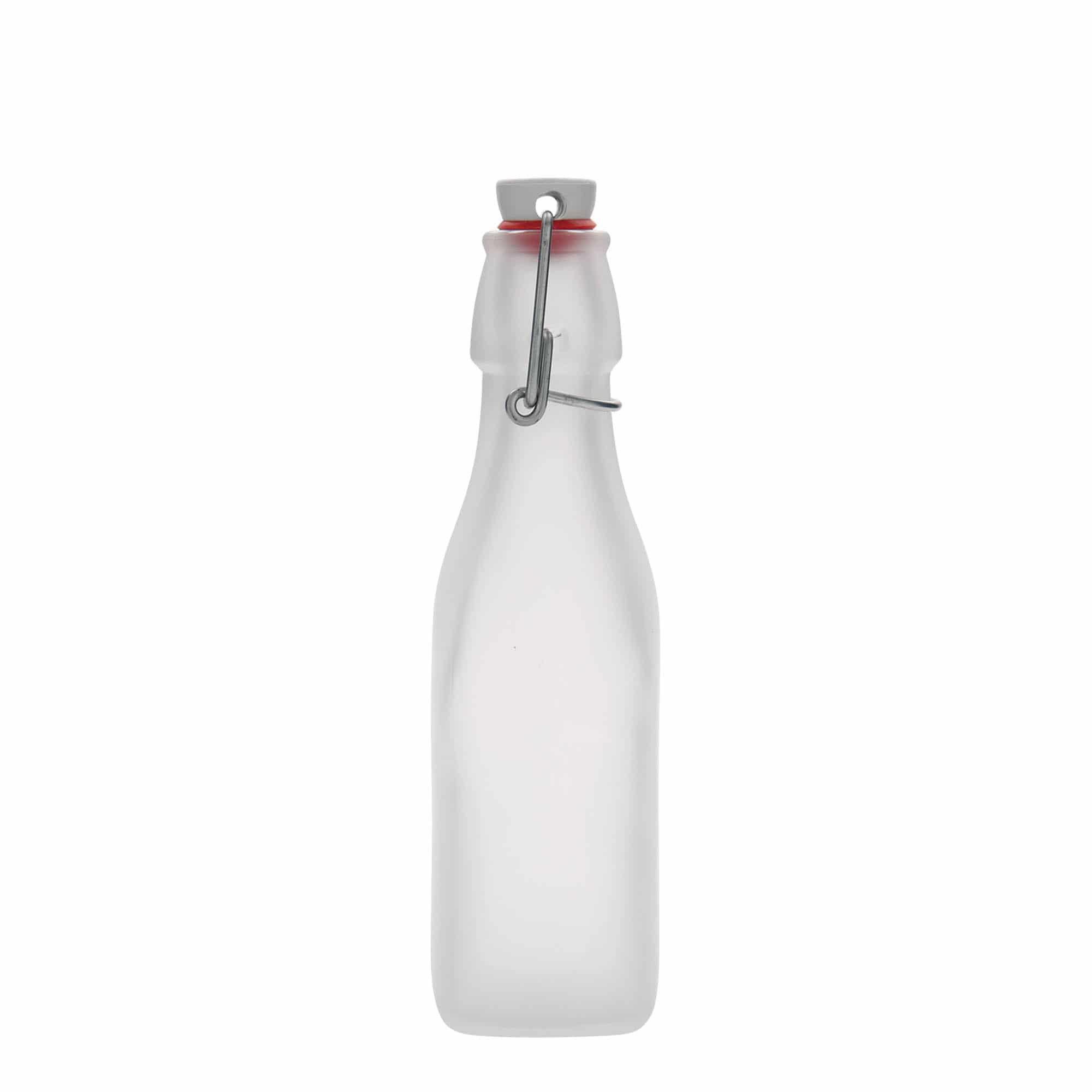 250 ml стъклена бутилка „Swing“, квадратна, бяла, затваряне: тапа с клипс