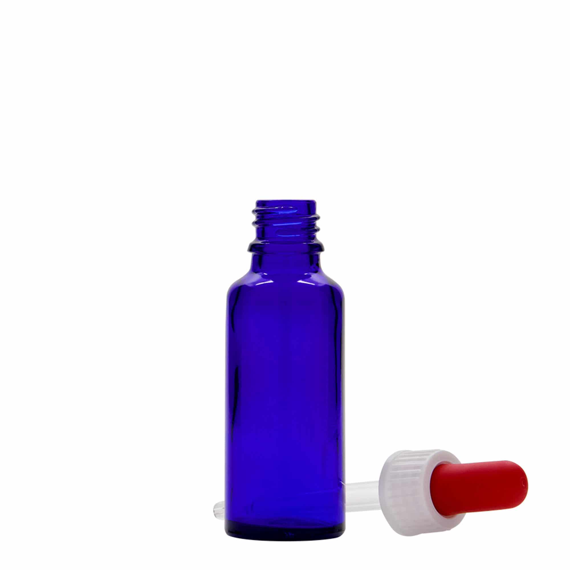 30 ml бутилка за лекарства с пипета, стъклена, кралско синьо-червена, затваряне: винтова капачка с резба DIN 18